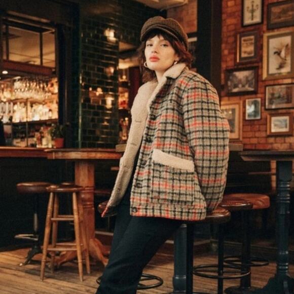Brixton Nouvelle Plaid Sherpa Peacoat Red Black Vanilla Cozy Fall Winter Chic M - Picture 11 of 16